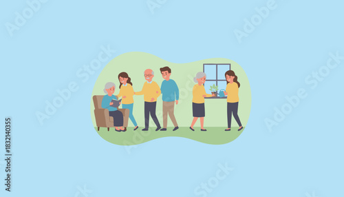 Family care and support for seniors Intergenerational happiness and quality time at home Vector illustration