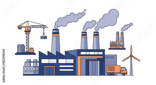 Factory illustration industry manufacturing pollution logistics and renewable energy concept