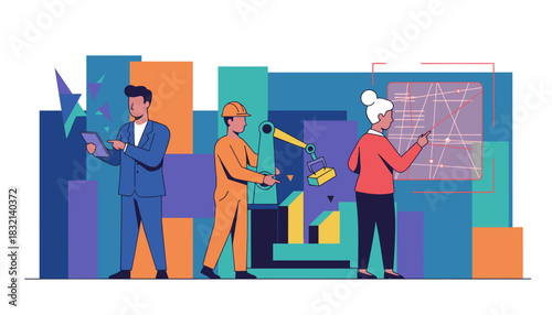 Smart industry team collaborating on automation engineering and digital planning