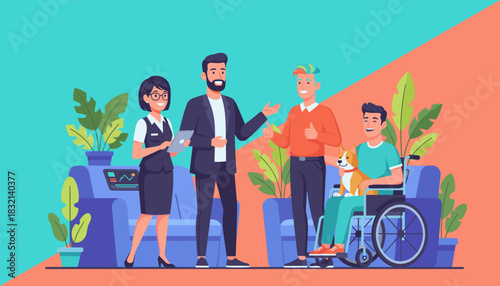 Diverse team meeting with a client in a modern accessible office setting Inclusion and support