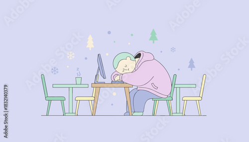 Illustration of a fatigued person sleeping on a keyboard at a work desk during winter