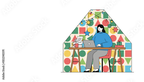 Happy woman working on laptop in a festive geometrically patterned home office