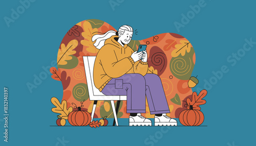 Anxious person using smartphone in modern autumnal setting with pumpkins Digital communication