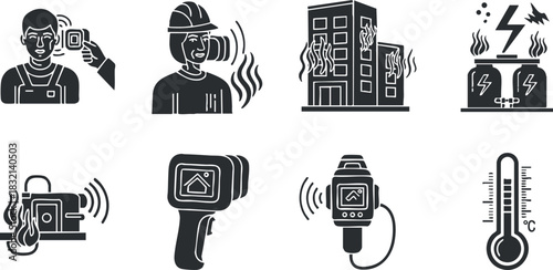 A set of fire safety and monitoring icons in black and white vector style, suitable for safety training and emergency preparedness materials