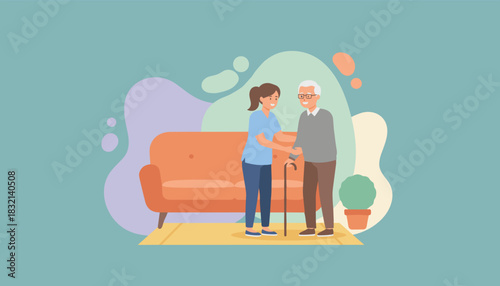 Professional caregiver assists senior man with cane at home Health support and elderly care illustration