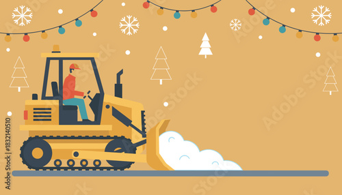 Operator driving a bulldozer clearing snow decorated for winter holidays