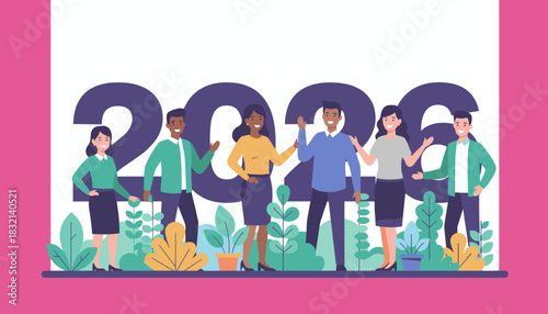 Diverse team celebrating 2026 future goals success and business development