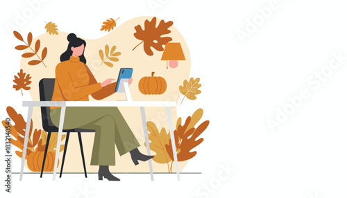 Professional uses tablet in seasonal fall home office setup