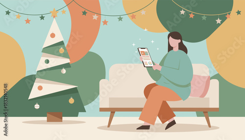 Woman relaxing on the sofa near a Christmas tree browsing the internet on her smartphone
