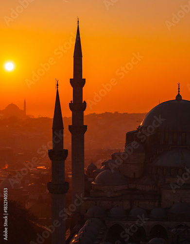 Suleymaniye Mosque (Suleymaniye Cami) in the Magnificent Sunrise Lights Drone Photo, Istanbul Silhouettes Suleymaniye, Fatih Istanbul, Turkiye (Turkey)