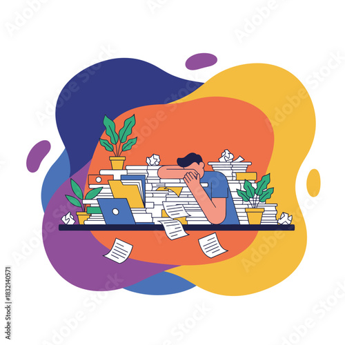 Stressed worker buried in a huge pile of paperwork illustrating burnout and overwork concept