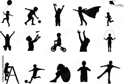 Silhouette collection of children playing and engaging in various activities