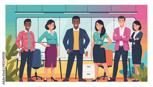 Diverse professional team stands confidently in a modern office setting Business success and collaboration
