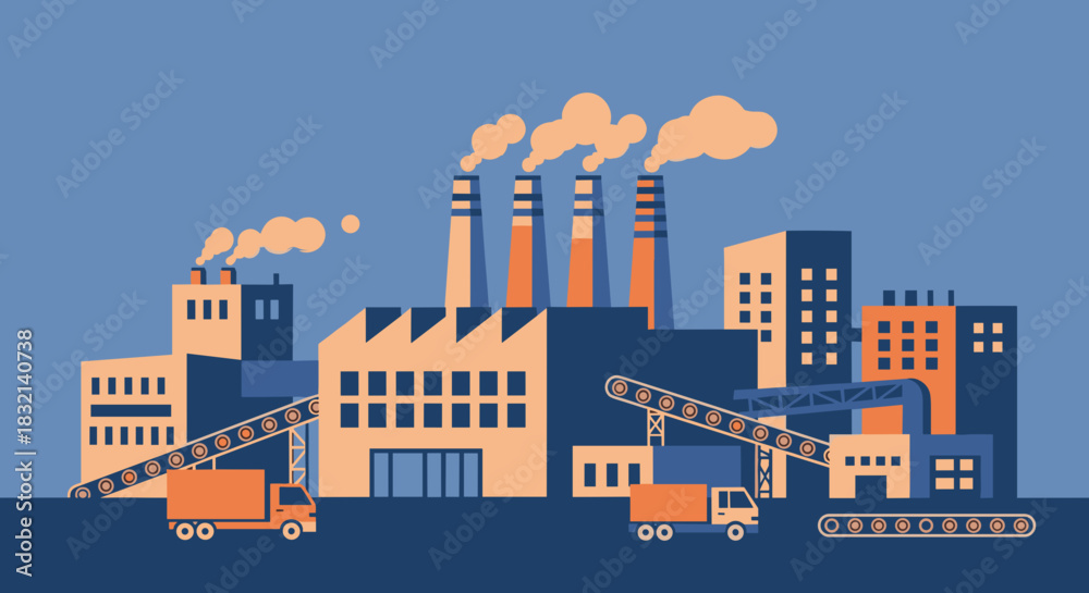 Obraz premium Industrial factory and city illustration showing manufacturing supply chain logistics and environmental impact