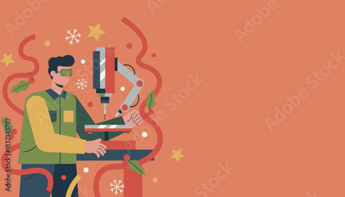 Technician operates industrial machinery decorated for the Christmas holidays