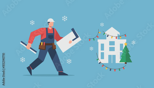 Constructor working on winter holiday service and home preparation during snowfall