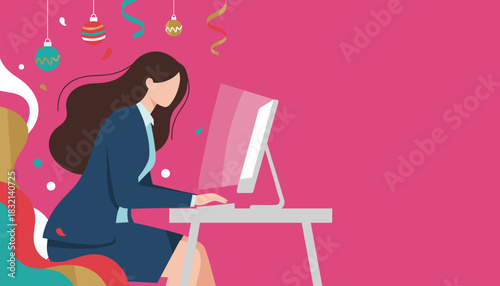 Business professional uses a desktop PC amidst festive holiday decorations