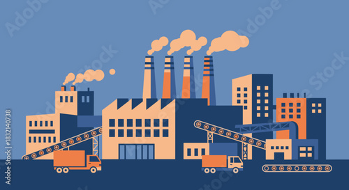 Industrial factory and city illustration showing manufacturing supply chain logistics and environmental impact
