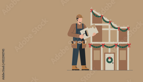 Worker with tools renovating a building decorated with Christmas garlands and festive lights