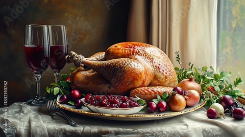 Sumptuous Thanksgiving Turkey Feast with Autumn Bounty on Rustic Dinner Table