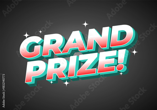Vibrant graphic design featuring the text GRAND PRIZE! in bold, 3D letters with a retro style. The background is dark, enhancing the bright colors of the text.