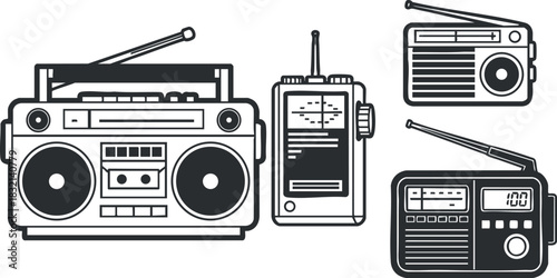A collection of radios and a boombox in clean black outline vector style, ideal for music and technology themed designs