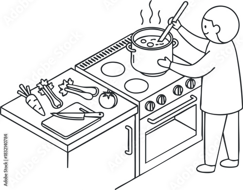 A chef stirring a pot on a stove with various vegetables on a cutting board in minimalist line art style, perfect for cooking and culinary themes
