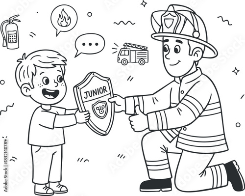 A cartoon illustration of a smiling child presenting a Junior firefighter shield to a friendly firefighter in black and white vector style, suitable for educational materials on fire safety
