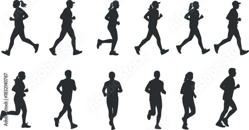 A collection of running silhouettes depicting various jogging poses in a minimalist black and white vector style, ideal for fitness and sports-themed designs