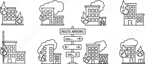 A set of emergency fire icons featuring buildings on fire, smoke, and directional route arrows in outline vector style, ideal for safety signage and evacuation plans