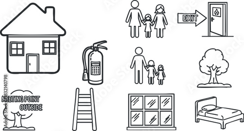 A collection of safety and emergency icons including a house, family, exit sign, fire extinguisher, and more in minimalist vector style, suitable for safety signage and educational materials