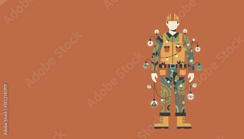 Skilled worker illustration with organic patterns and string lights Industry and sustainability concept
