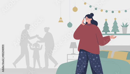 Young woman uses phone in a decorated bedroom contrasted with shadows of a distant family