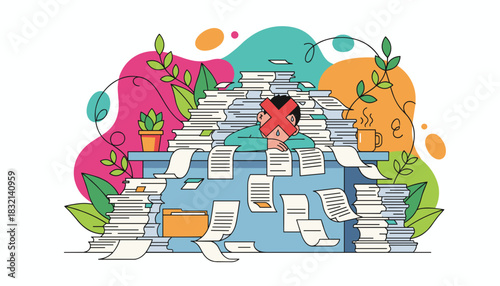 Overwhelmed office worker buried in documents suffering stress and burnout from excessive workload