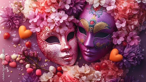 Vibrant Carnival Masks and Flowers in Abstract