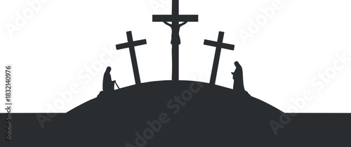 A silhouette illustration of a crucifixion scene featuring three crosses on a hill with figures in black and white vector style, ideal for religious themes and Easter celebrations