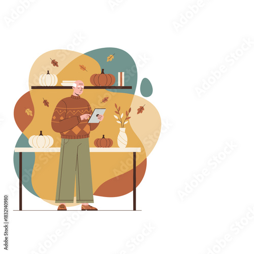 Elderly man using tablet among fall pumpkin decorations Cozy autumn technology and lifestyle