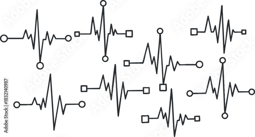 A collection of heartbeat waveforms and sound signals in a clean black and white minimalist vector style, suitable for medical and technology designs