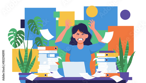 Woman stressed by huge workload deadlines and paperwork in the office