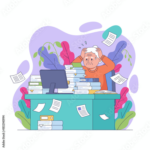 Overwhelmed senior employee stressed by huge paperwork load and bureaucracy at the office desk