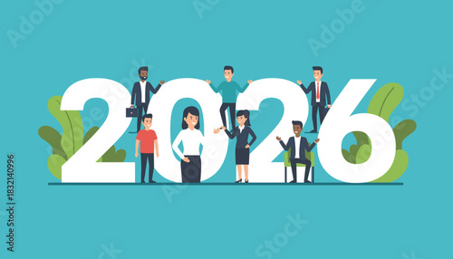 Diverse team celebrating the year 2026 Business success cooperation and future planning illustration