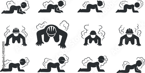 A collection of fitness icons depicting various push-up and crawling exercises in black silhouette vector style, ideal for health and wellness projects