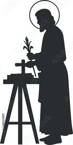 A silhouette of a saint with a halo standing by a table, in minimalist vector style, ideal for religious illustrations
