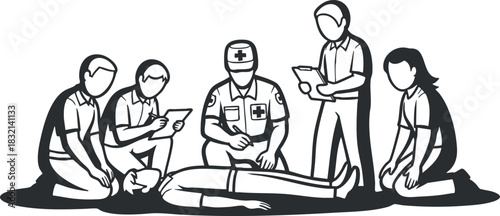 A group of six people providing first aid to an unconscious individual in black and white vector style, suitable for healthcare and emergency training materials