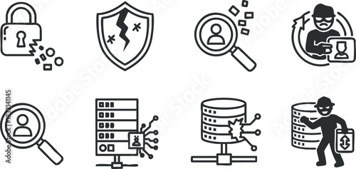 A set of security and data protection icons in flat outline vector style, suitable for technology and cybersecurity projects
