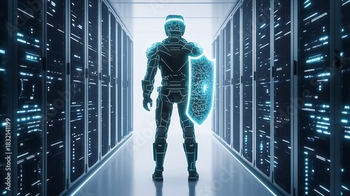 Futuristic Robot Guarding Digital Server Room with Cyberspace Energy Shield