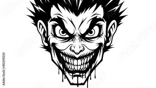 Creepy joker face illustration evil grin with sharp teeth vector design for halloween or horror them