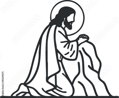 A kneeling figure of Jesus Christ in outline vector style, ideal for religious illustrations and spiritual themes