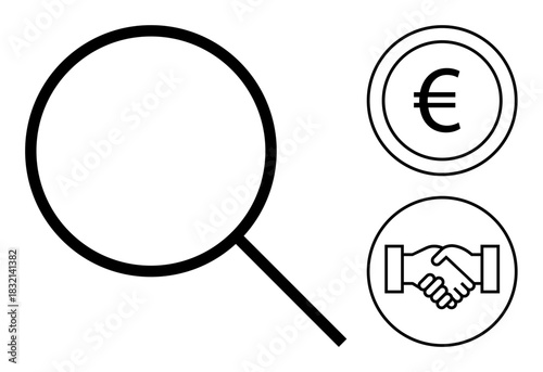 Business concept. Magnifying glass, Euro symbol, and handshake business focus, financial analysis, and partnership. Business collaborations, financial strategies, team development corporate deals