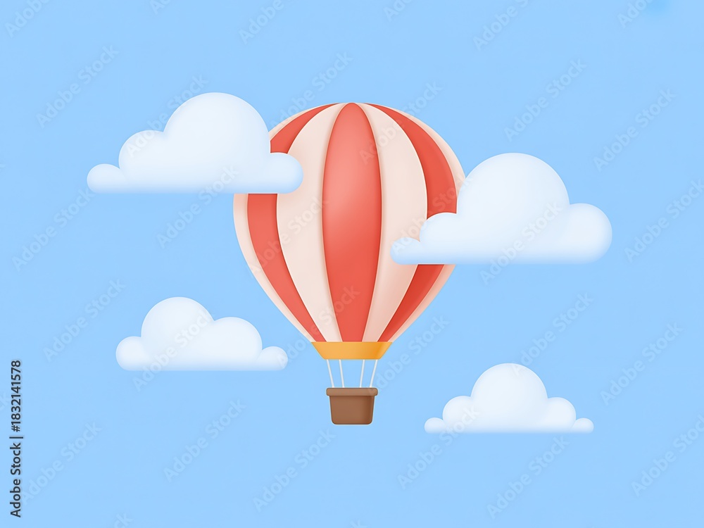 Obraz premium Striped red hot air balloon floats peacefully among fluffy white clouds against the light blue sky